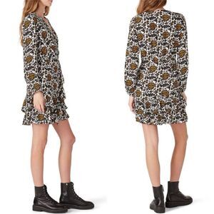 NWT SANDRO- Dami Wrap Effect Tiered Printed Satin Jacquard Mini Dress Classic